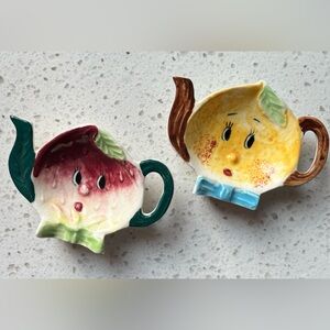Vintage 1950s Anthropomorphic Strawberry Lemon Face Teapot Tea Bag Holders Japan